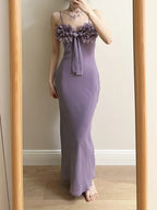 Elegant Purple Mermaid 3D Flower Bow Thin Strap Satin Long Formal Prom Dress Bridesmaid Dress
