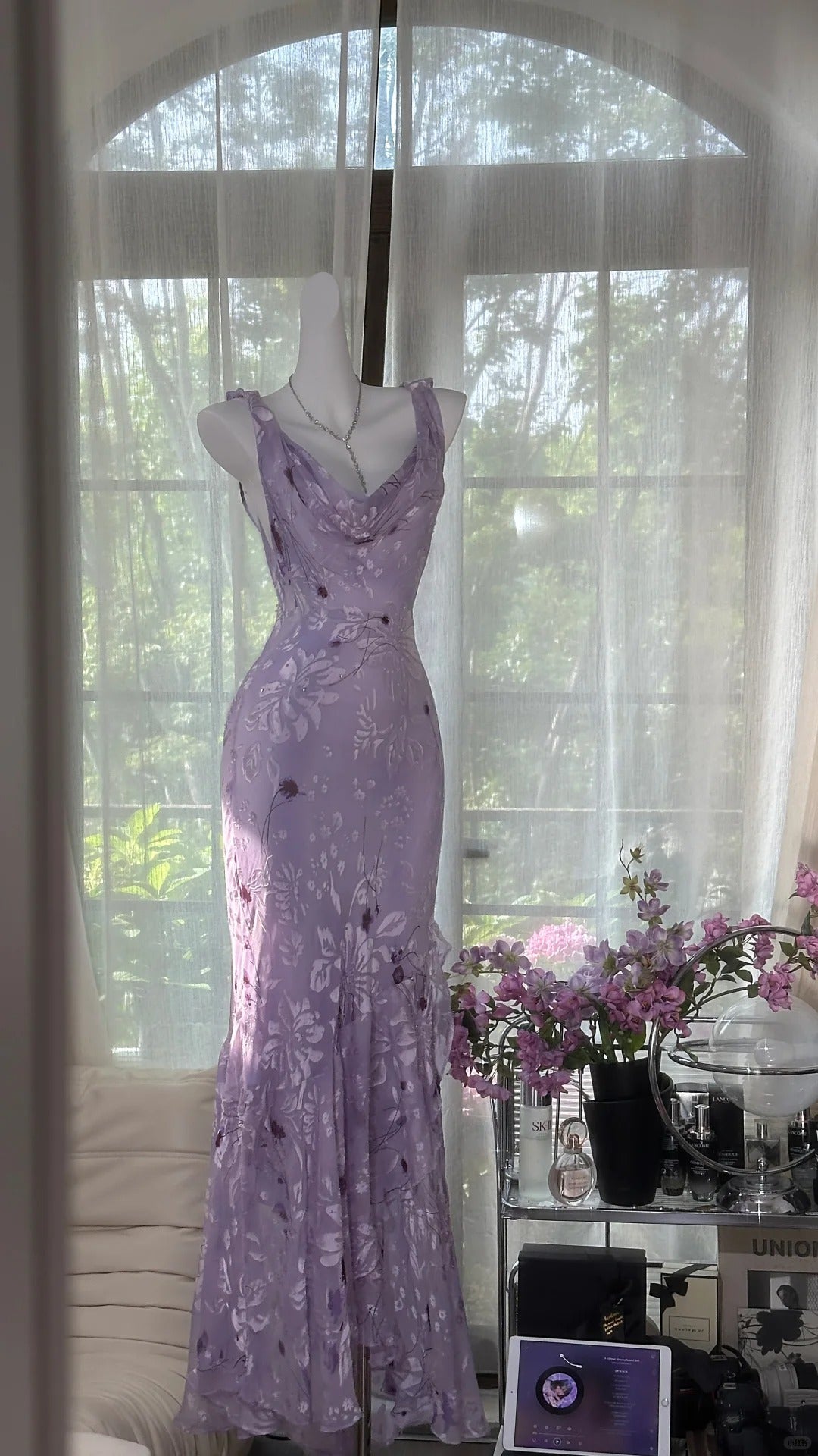 Elegant Purple Mermaid Printed Boat Neck Chiffon Long Formal Prom Dress Secondary image