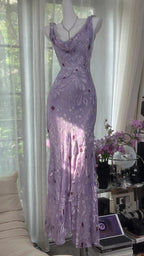 Elegant Purple Mermaid Printed Boat Neck Chiffon Long Formal Prom Dress
