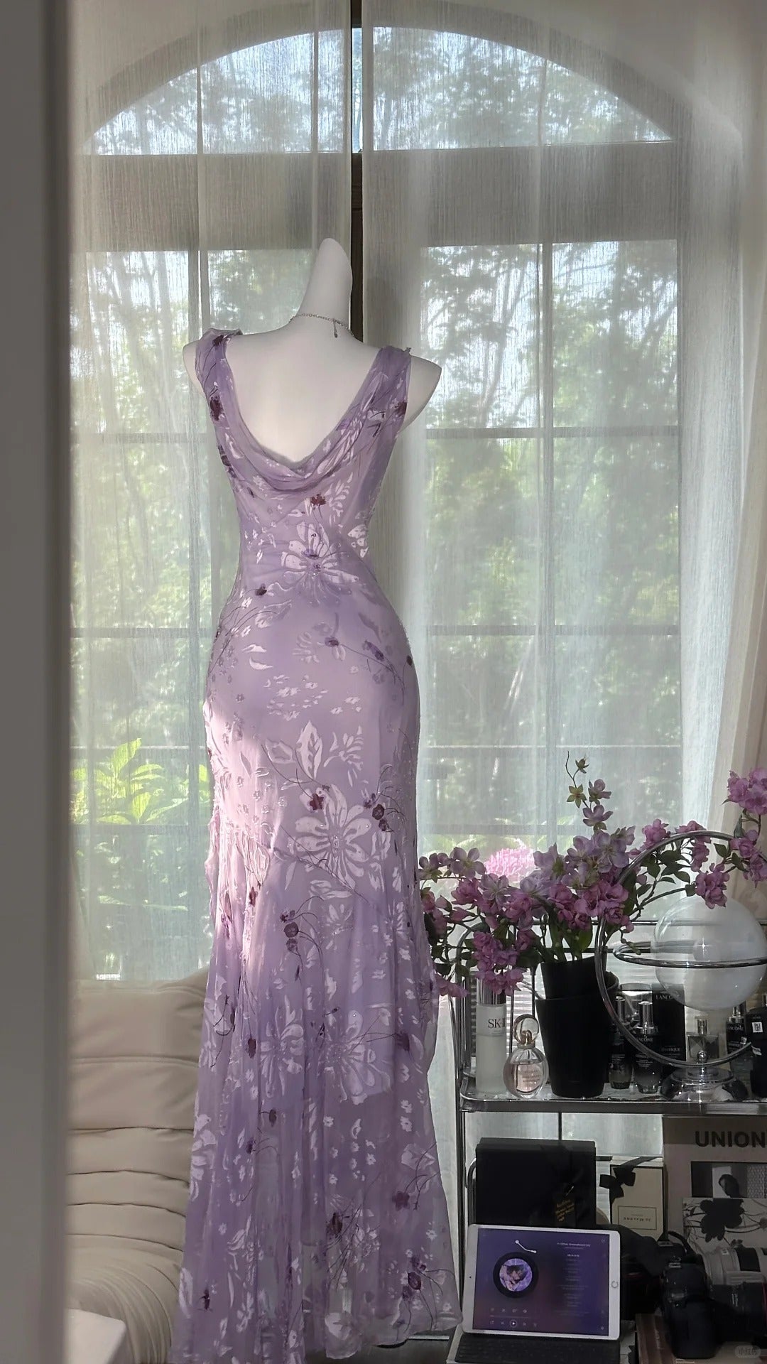 Elegant Purple Mermaid Printed Boat Neck Chiffon Long Formal Prom Dress