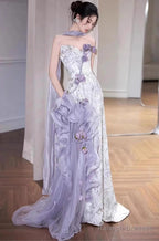 Elegant Purple Mermaid Strapless Satin Tulle Prom Dresses Long Applique Prom Gowns