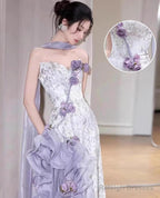Elegant Purple Mermaid Strapless Satin Tulle Prom Dresses Long Applique Prom Gowns