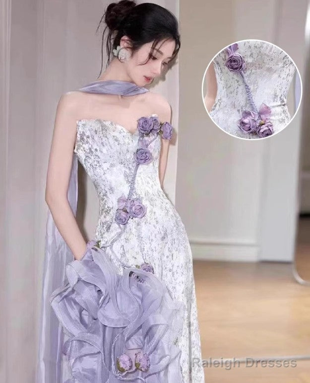 Elegant Purple Mermaid Strapless Satin Tulle Prom Dresses Long Applique Prom Gowns