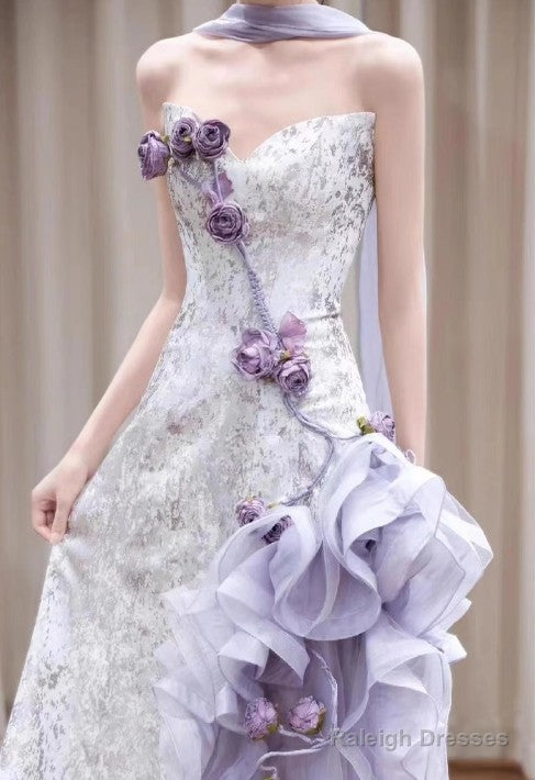 Elegant Purple Mermaid Strapless Satin Tulle Prom Dresses Long Applique Prom Gowns