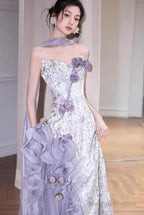 Elegant Purple Mermaid Strapless Satin Tulle Prom Dresses Long Applique Prom Gowns