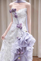 Elegant Purple Mermaid Strapless Satin Tulle Prom Dresses Long Applique Prom Gowns