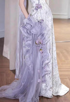 Elegant Purple Mermaid Strapless Satin Tulle Prom Dresses Long Applique Prom Gowns