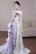 Elegant Purple Mermaid Strapless Satin Tulle Prom Dresses Long Applique Prom Gowns