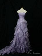 Elegant Purple Mermaid Strapless Tulle Layered Prom Dresses Long Prom Dresses