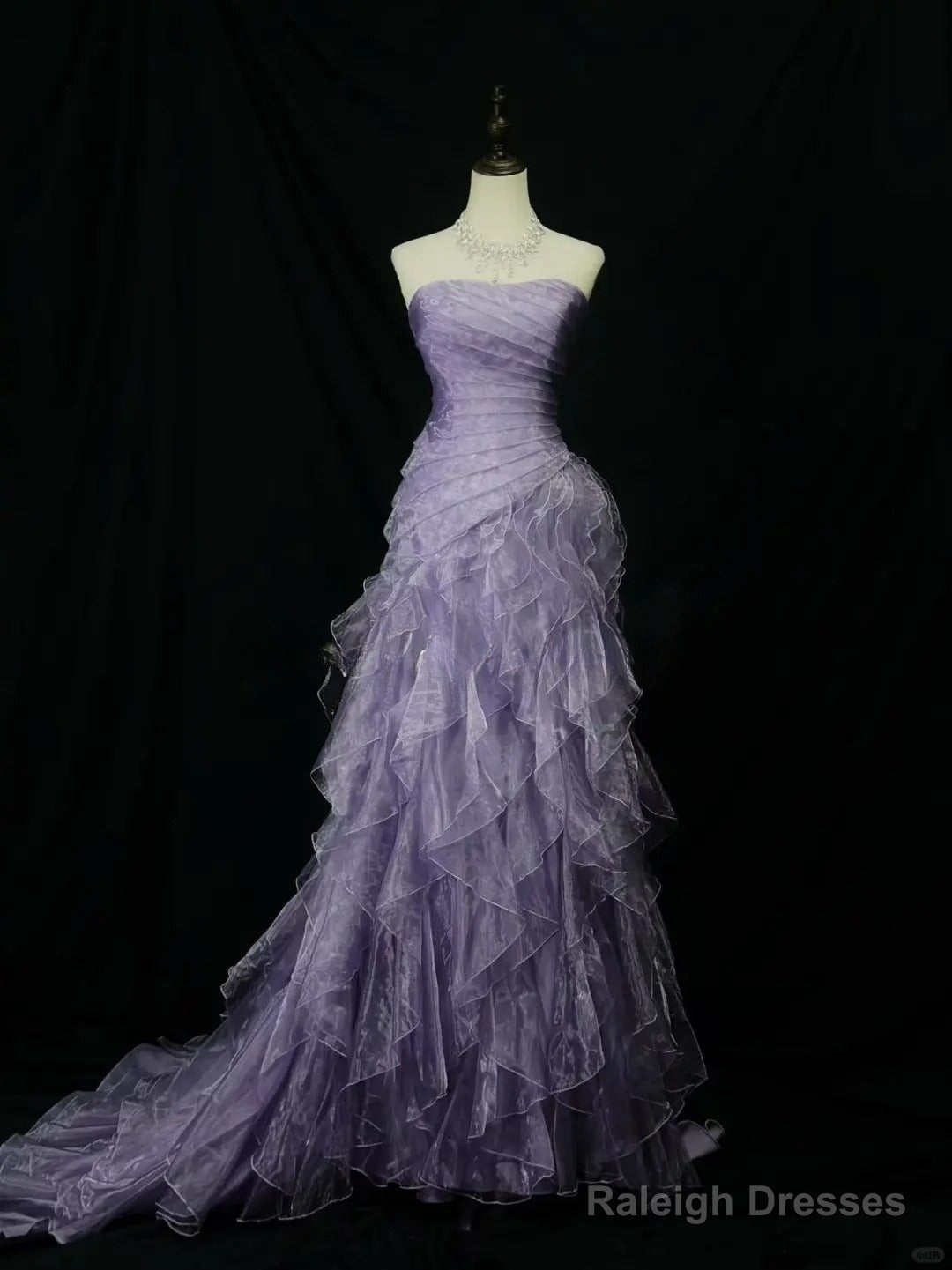 Elegant Purple Mermaid Strapless Tulle Layered Prom Dresses Long Prom Dresses