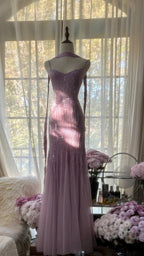 Sparkly Spaghetti Straps Purple Mermaid Wedding Guest Dress Beaded Tulle Chiffon Long Prom Dress