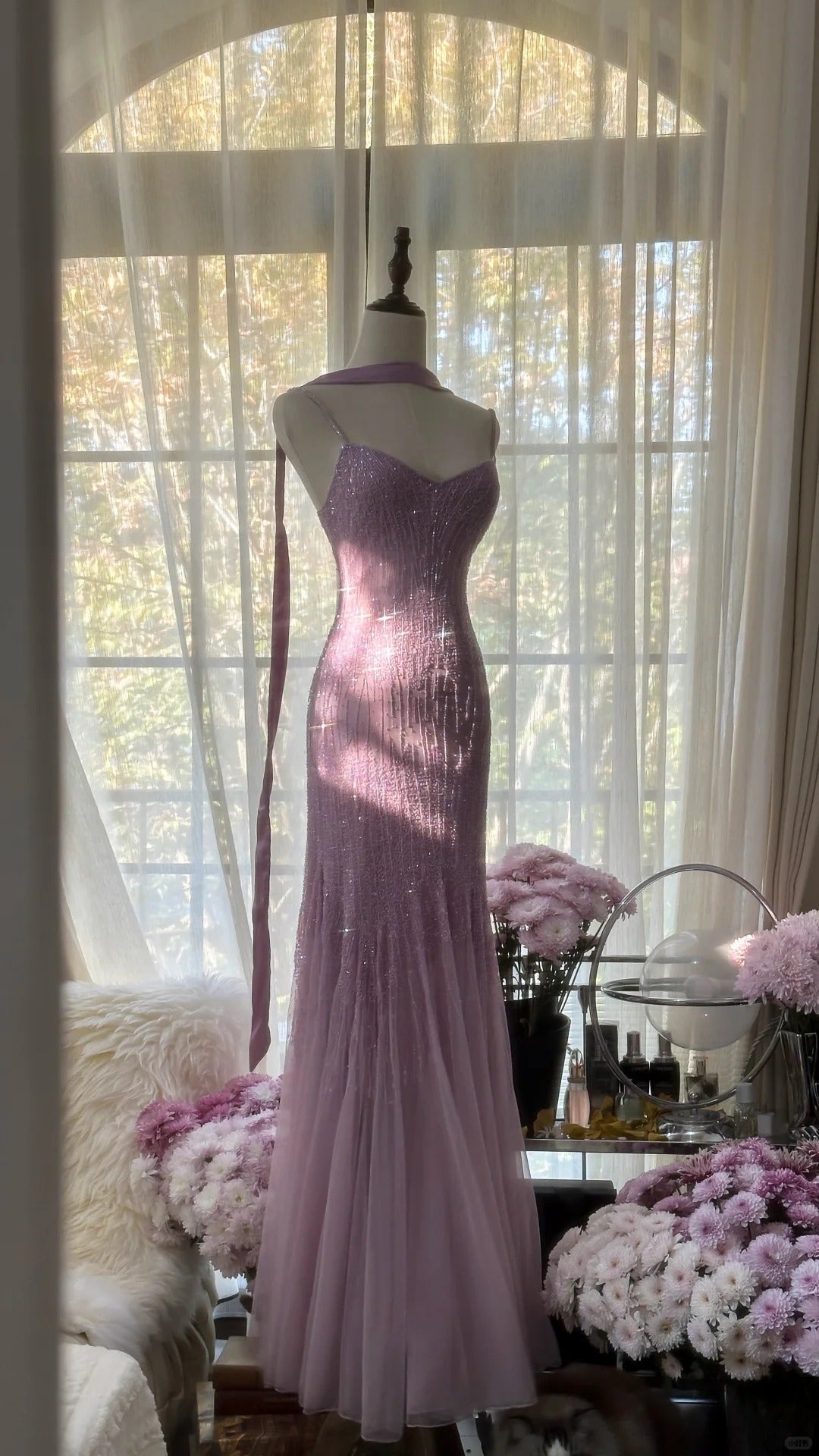 Sparkly Spaghetti Straps Purple Mermaid Wedding Guest Dress Beaded Tulle Chiffon Long Prom Dress