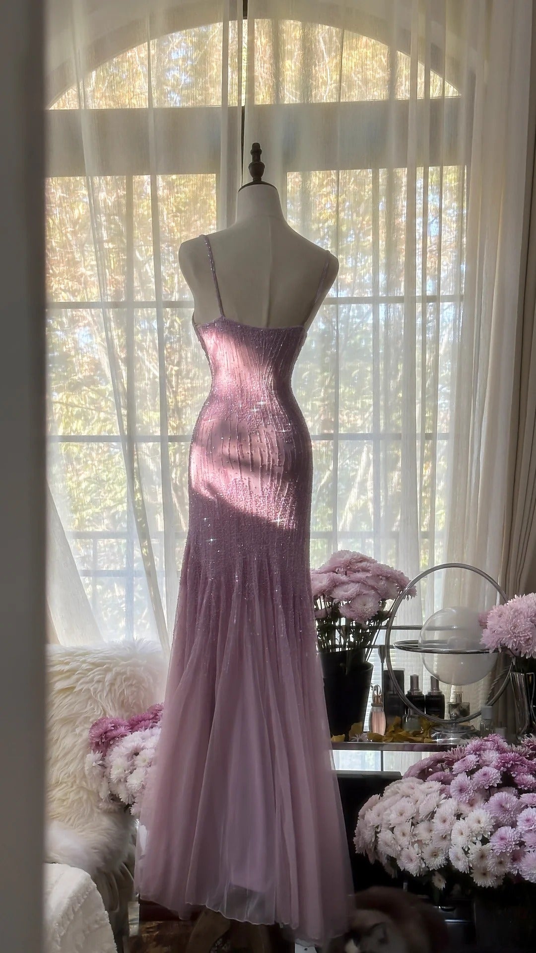 Sparkly Spaghetti Straps Purple Mermaid Wedding Guest Dress Beaded Tulle Chiffon Long Prom Dress