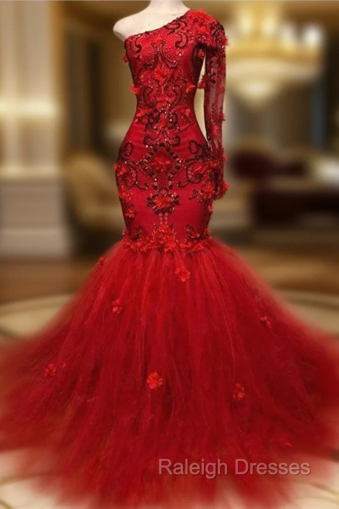 Elegant Red One-Shoulder Long-Sleeves Appliques Mermaid Prom Party Gowns Main image