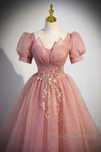 Elegant Red Pink Beaded Rhinestone Fluffy Short Sleeved Ball Dresses With Red Pink V-Neck Butterfly Patch Flower Dew Back Strap And Floor Length Prom Dresses