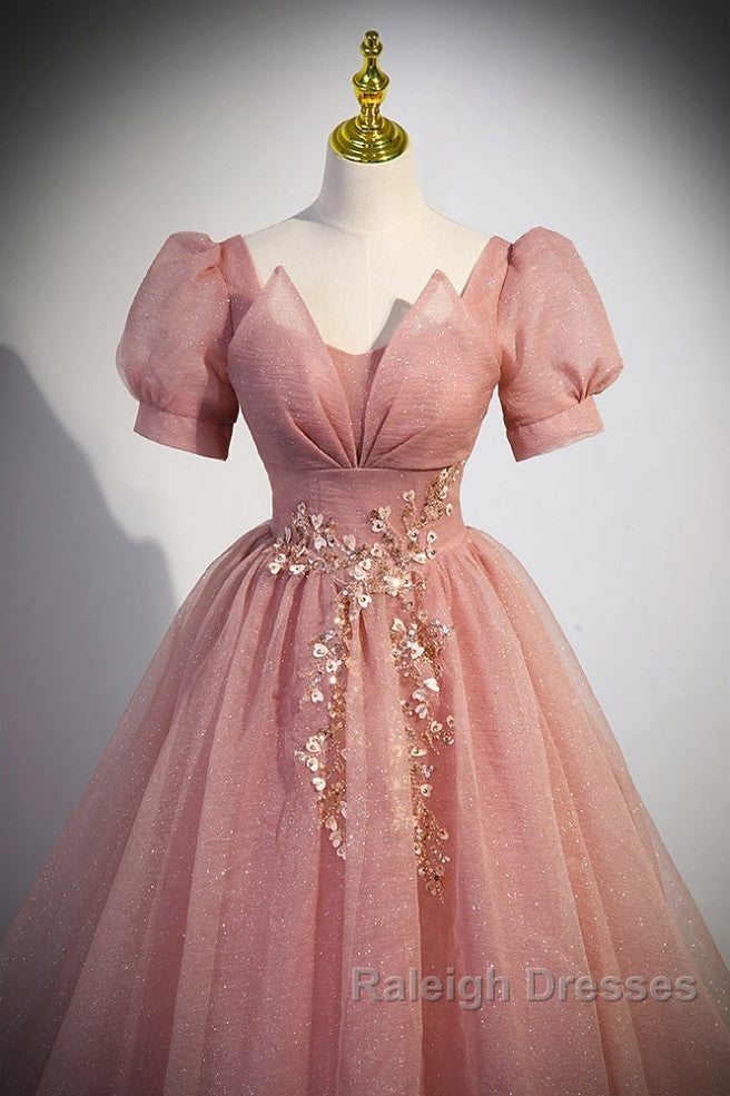 Elegant Red Pink Beaded Rhinestone Fluffy Short Sleeved Ball Dresses With Red Pink V-Neck Butterfly Patch Flower Dew Back Strap And Floor Length Prom Dresses