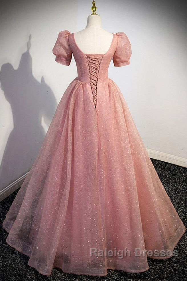 Elegant Red Pink Beaded Rhinestone Fluffy Short Sleeved Ball Dresses With Red Pink V-Neck Butterfly Patch Flower Dew Back Strap And Floor Length Prom Dresses