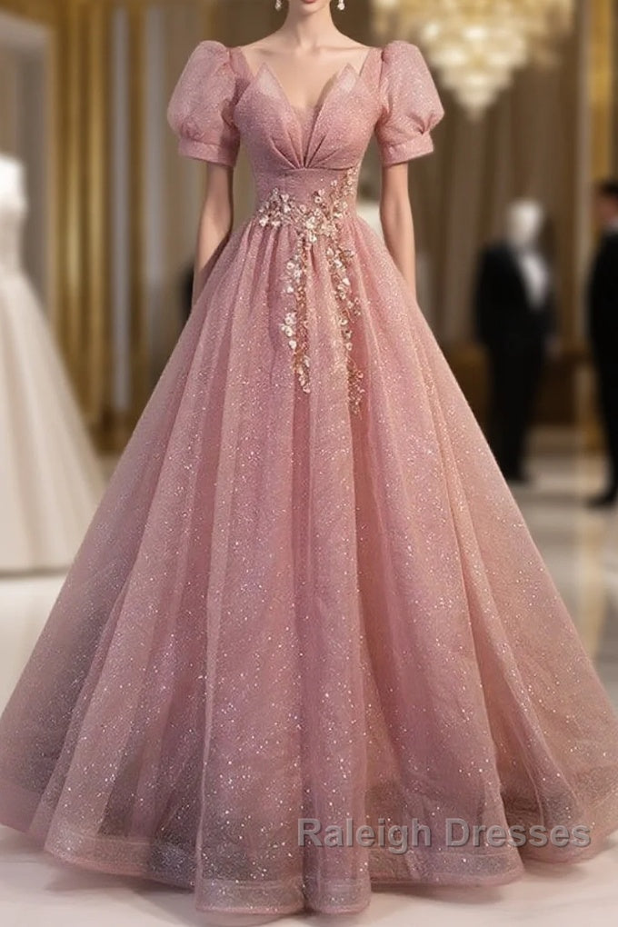 Elegant Red Pink Beaded Rhinestone Fluffy Short Sleeved Ball Dresses With Red Pink V-Neck Butterfly Patch Flower Dew Back Strap And Floor Length Prom Dresses Main image