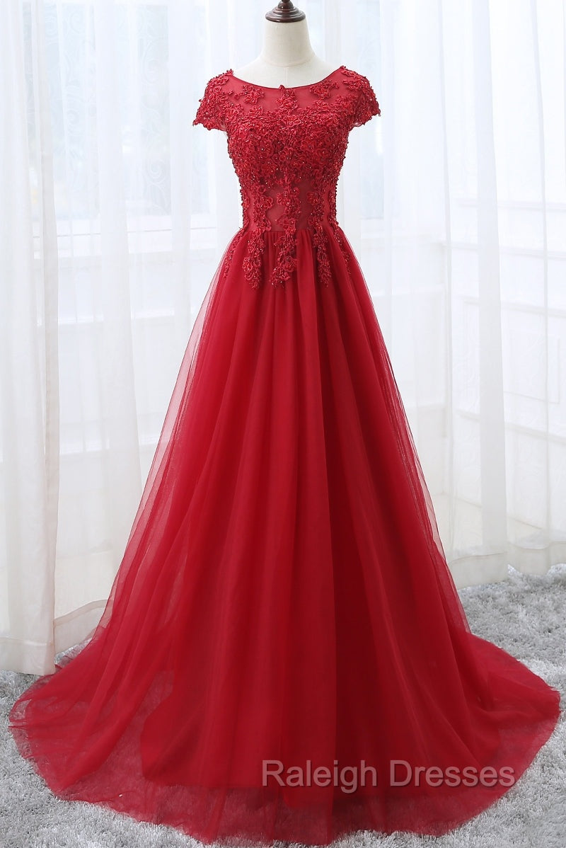Elegant Red Tulle Long Prom Dress with Lace Applique, Red Party Gowns Secondary image