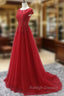 Elegant Red Tulle Long Prom Dress with Lace Applique, Red Party Gowns
