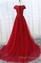Elegant Red Tulle Long Prom Dress with Lace Applique, Red Party Gowns