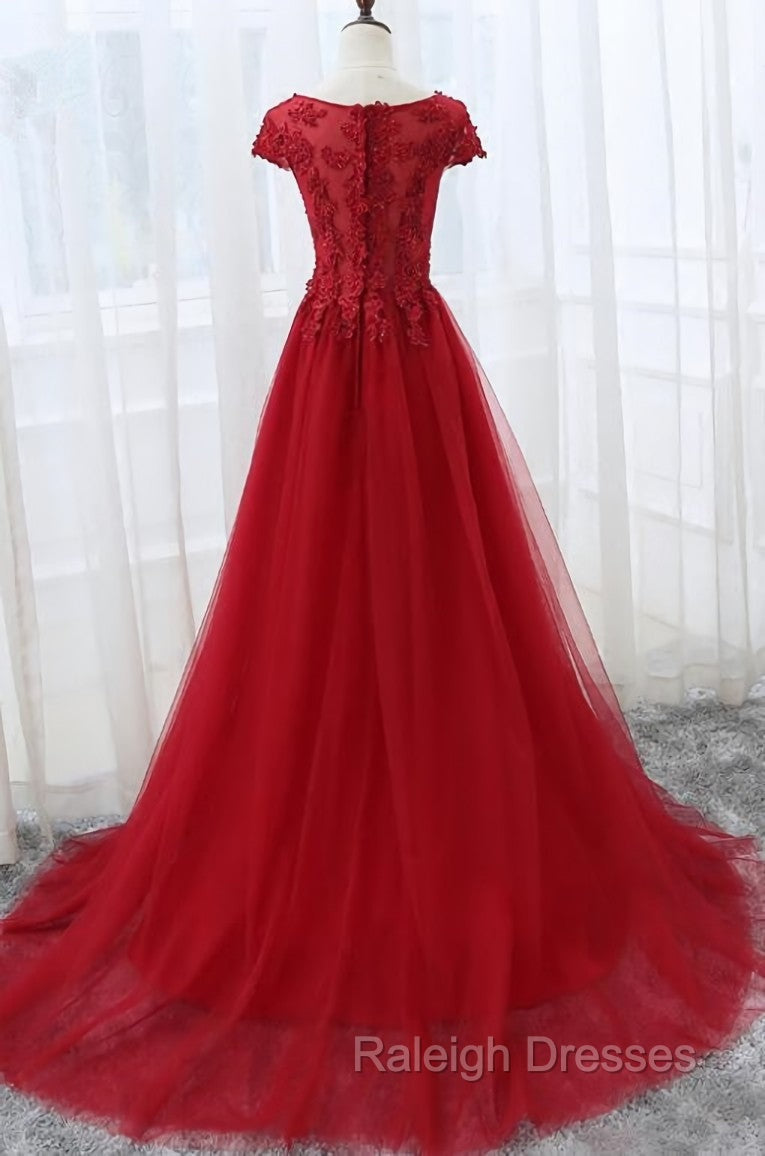 Elegant Red Tulle Long Prom Dress with Lace Applique, Red Party Gowns
