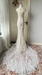 Elegant Retro White Mermaid Round Neck Lace Train Formal Prom Dress Wedding Dress