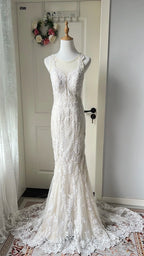 Elegant Retro White Mermaid Round Neck Lace Train Formal Prom Dress Wedding Dress