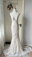 Elegant Retro White Mermaid Round Neck Lace Train Formal Prom Dress Wedding Dress