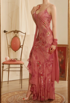 Elegant Rose Pink Mermaid Deep V-Neck Thin Strap Chiffon Long Formal Prom Dress