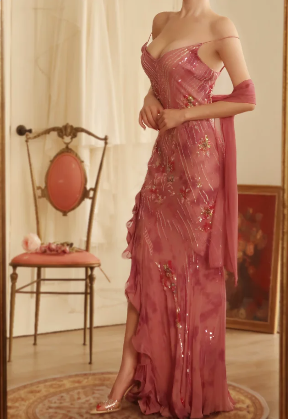 Elegant Rose Pink Mermaid Deep V-Neck Thin Strap Chiffon Long Formal Prom Dress Main image