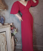 Elegant Rose Pink V-Neck Puff Sleeve Pleated Long Formal Prom Dress