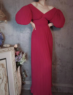 Elegant Rose Pink V-Neck Puff Sleeve Pleated Long Formal Prom Dress