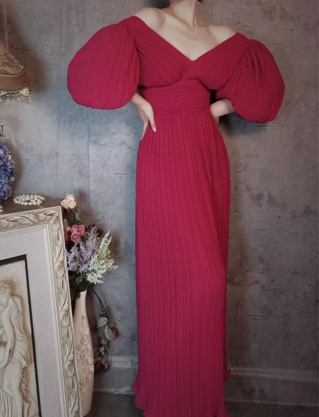 Elegant Rose Pink V-Neck Puff Sleeve Pleated Long Formal Prom Dress