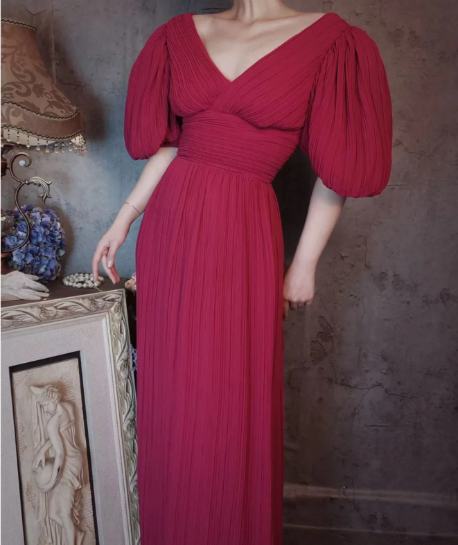 Elegant Rose Pink V-Neck Puff Sleeve Pleated Long Formal Prom Dress