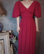 Elegant Rose Pink V-Neck Puff Sleeve Pleated Long Formal Prom Dress