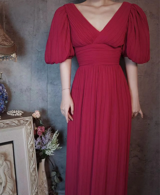 Elegant Rose Pink V-Neck Puff Sleeve Pleated Long Formal Prom Dress