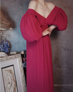 Elegant Rose Pink V-Neck Puff Sleeve Pleated Long Formal Prom Dress