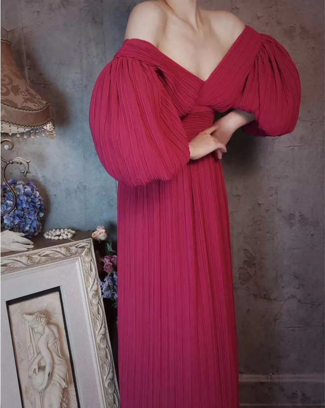 Elegant Rose Pink V-Neck Puff Sleeve Pleated Long Formal Prom Dress