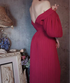Elegant Rose Pink V-Neck Puff Sleeve Pleated Long Formal Prom Dress