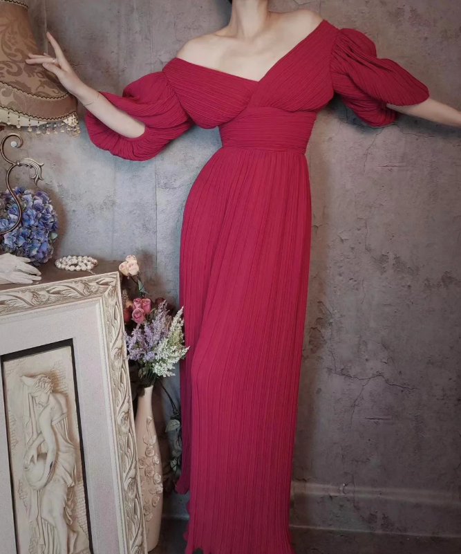 Elegant Rose Pink V-Neck Puff Sleeve Pleated Long Formal Prom Dress