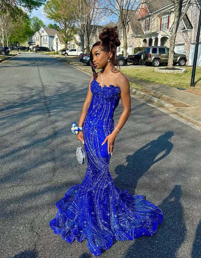 Elegant Royal Blue Sequin Beaded Appliques Mermaid Prom Dresses Prom Dresses
