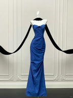 Elegant Royal Blue Mermaid Strapless Pleated Long Formal Prom Dress