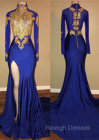 Elegant Royal Blue Prom Prom GownMermaid Long Sleeves With Appliques
