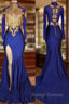 Elegant Royal Blue Prom Party GownsMermaid Long Sleeves With Appliques
