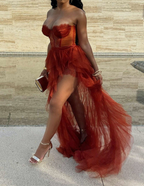 Elegant Rust Tiered Ruffles Tulle Prom Dresses