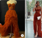 Elegant Rust Tiered Ruffles Tulle Prom Dresses