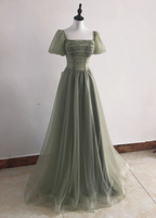Elegant Sage Green A-Line Square Neck Short Sleeve Tulle Long Formal Prom Dress