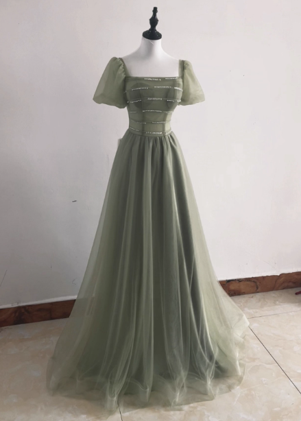 Elegant Sage Green A-Line Square Neck Short Sleeve Tulle Long Formal Prom Dress