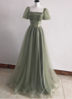 Elegant Sage Green A-Line Square Neck Short Sleeve Tulle Long Formal Prom Dress